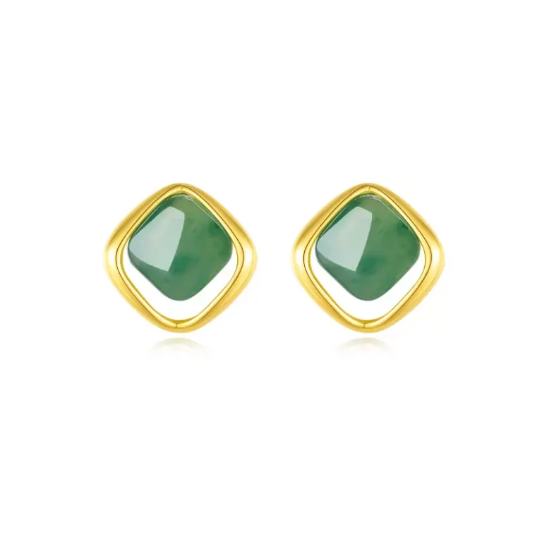S925 sterling silver natural emerald square ladies earrings