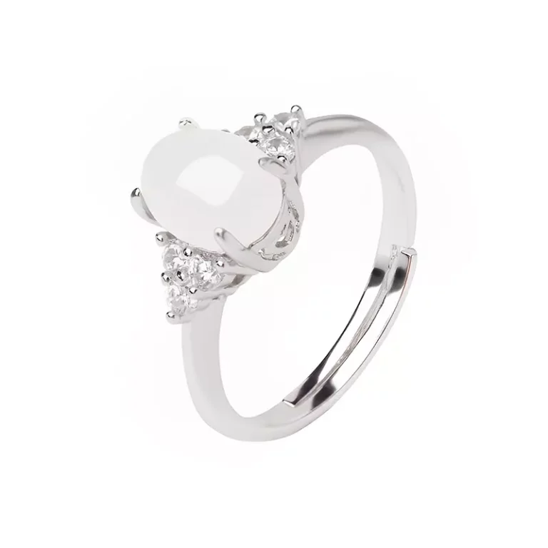 925 Silver inlaid white jade opening female ring adjustable Hetian jade ring