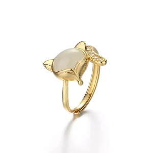 s925 Sterling Silver Natural Hotan White Jade Gold Plated Ladies Ring Micro inlaid Fox Opening Net Red Ring