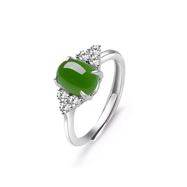 S925 Silver four-claw diamond classic microinlaid zircon goose egg and Tian jade opening ring for women