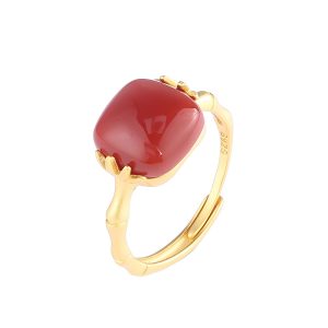 S925 Sterling Silver Gold Plated Southern Red agate Bamboo Knot opening women's ring