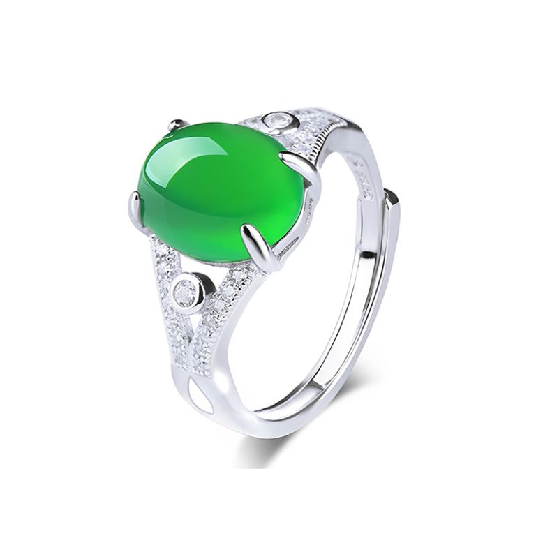 s925 Sterling silver four claw ice seed green chalcedony micro inlaid ring for women