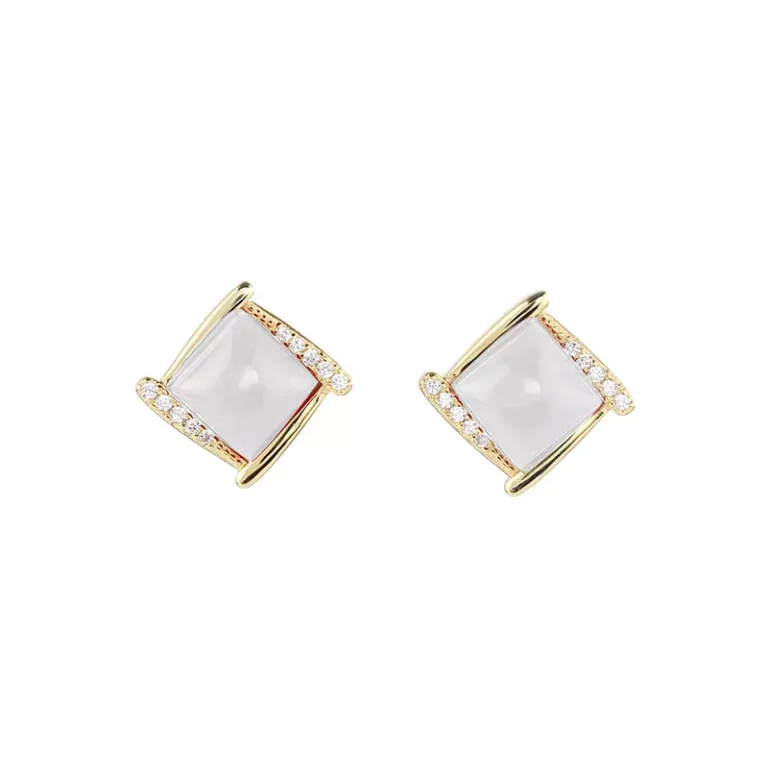 S925 Sterling Silver Gold Plated South Red Onyx and Hetian Jade Square Stud Earrings for Women with Diamonds