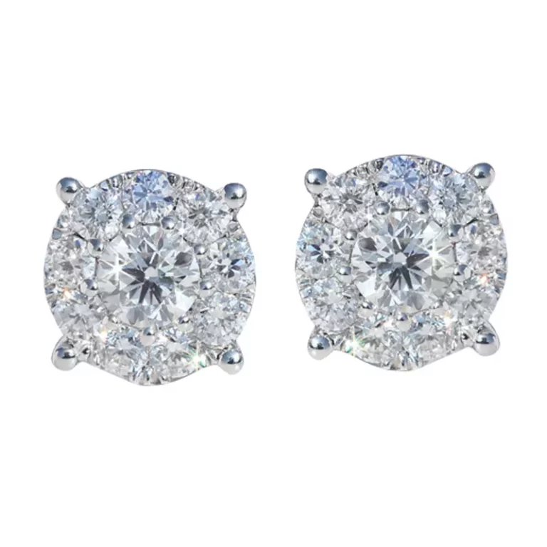 18k white gold four claws round 1 carat nine diamonds around a ladies earrings